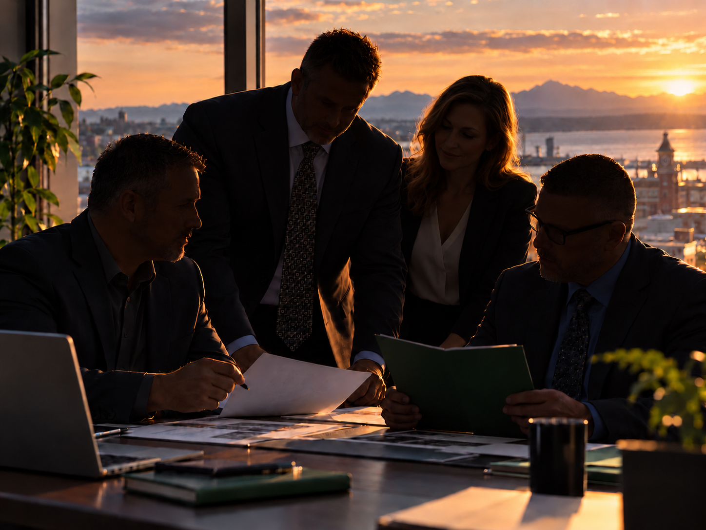 Four professionals collaborating around a desk with Everett-inspired sunset views